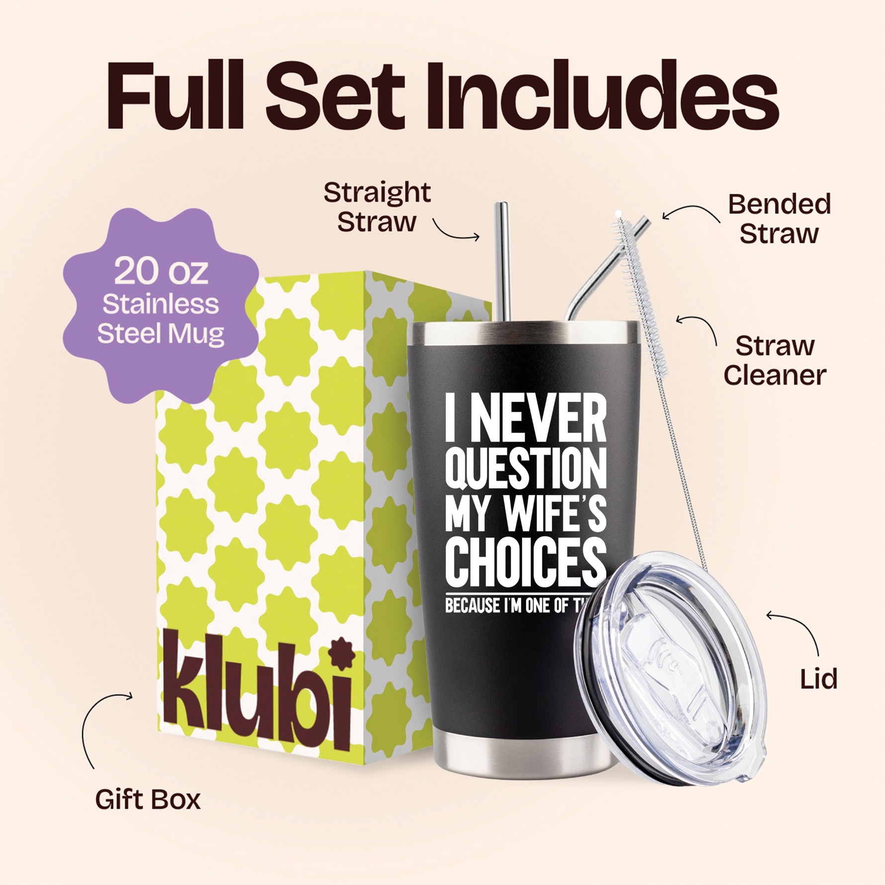 Gifts for Fathers Dad - Never Question Wife Black 20 ounce oz Tumbler