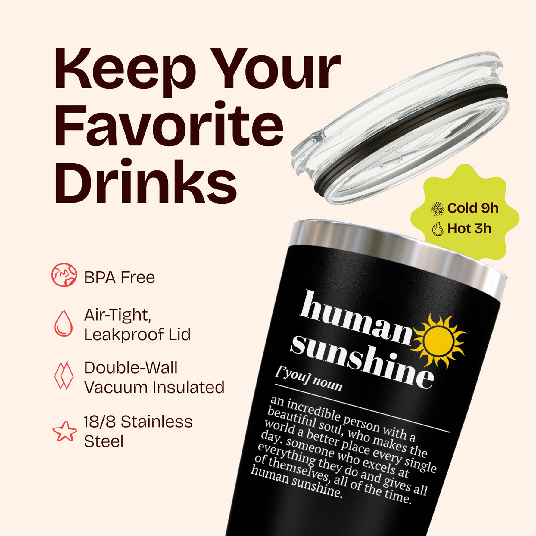 Human Sunshine Black 20 ounce oz Tumbler Birthday Gifts for Amazing Teachers