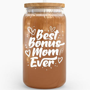 KLUBI Best Bonus Mom Gifts Mother In Law Birthday Gifts 16 Ounce Mom Mug Gifts for Mothers Day Gifts for Moms Glass Cups With Lids