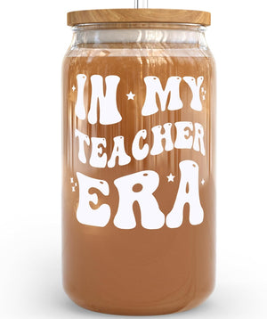 Teacher Gifts For Women - In My Teacher Era Cup 16 Ounce, Glass Cups with Lids and Straws, Teacher Mug