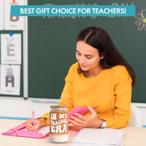 Teacher Gifts For Women - In My Teacher Era Cup 16 Ounce, Glass Cups with Lids and Straws, Teacher Mug